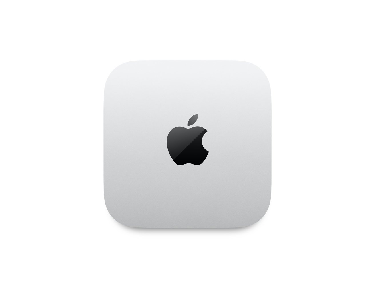 Square silver electronic device with rounded corners featuring a black apple logo in the center.