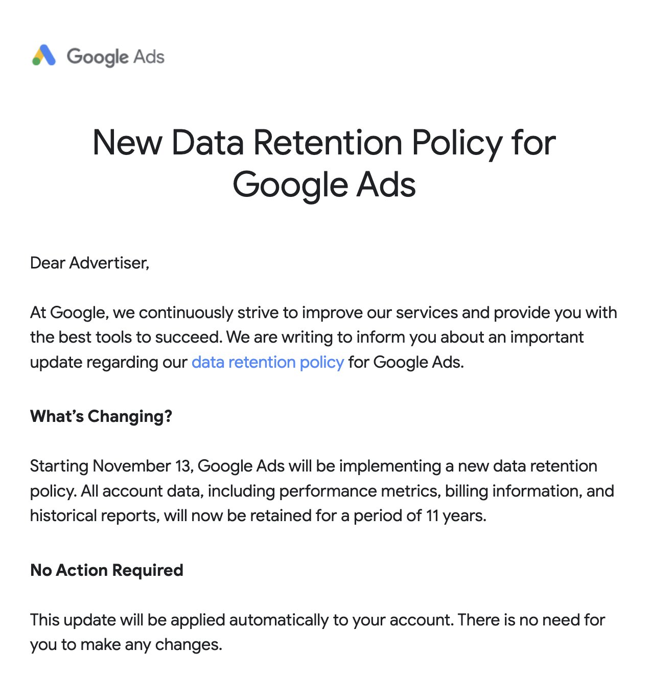 Google Ads Data Rentention Policy Email