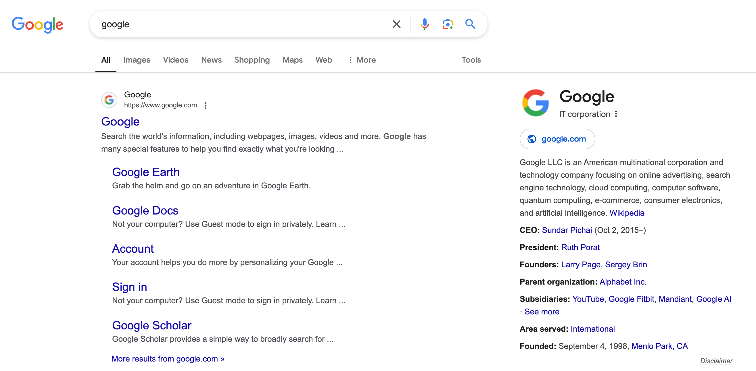 Normal Google Search Interface