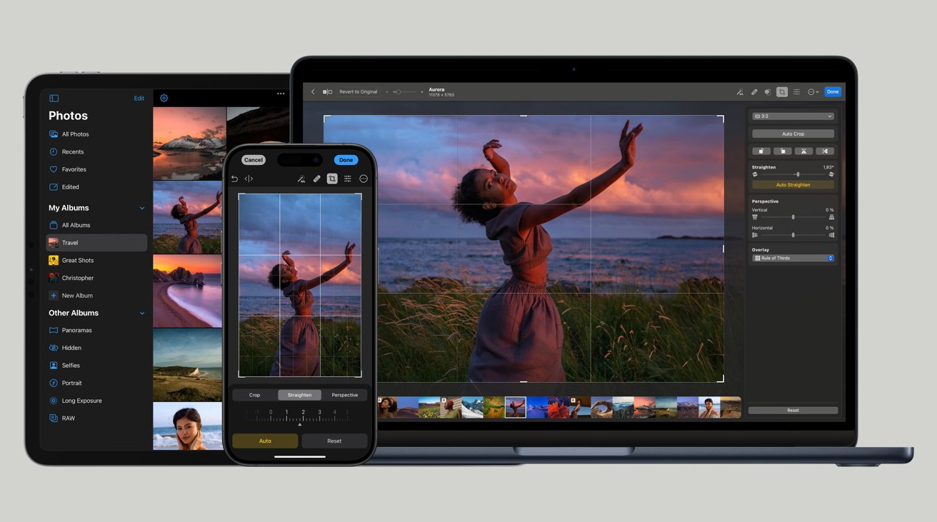 A laptop, tablet, and smartphone showing a photo-editing application with a woman posing in a field during sunset.