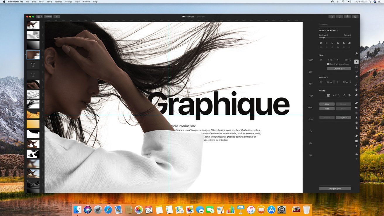 A person with windswept hair covers their face with an arm, alongside the word 'Graphique' in bold text on a graphic design editing interface.