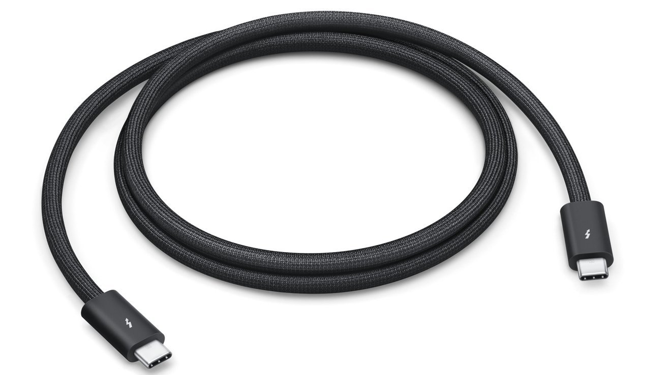 A coiled black Thunderbolt cable with USB-C connectors on both ends.