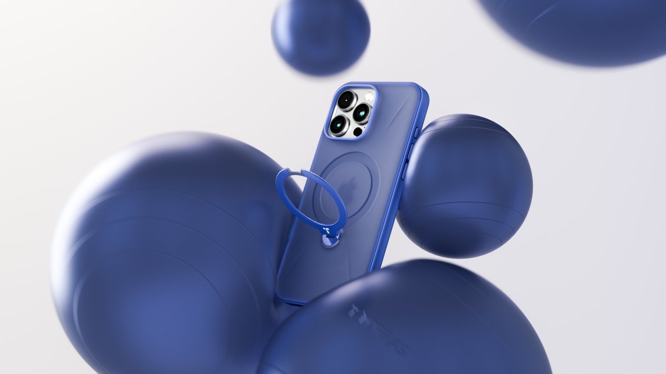 Blue smartphone case with ring holder, centered among large floating blue spheres on a light background.