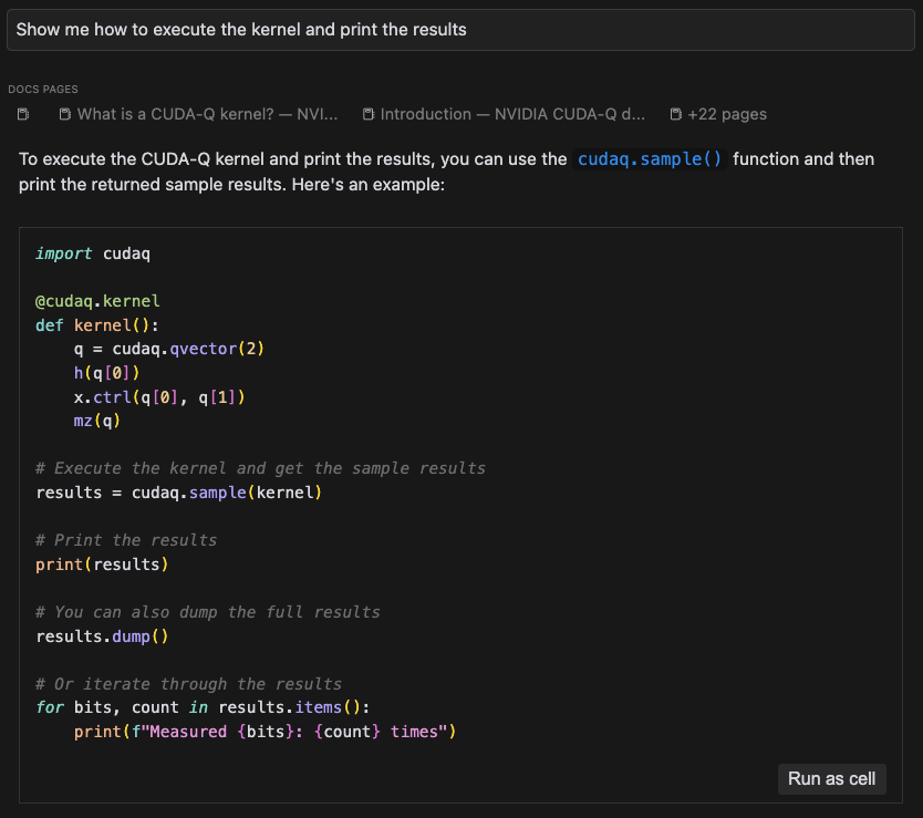 Screenshot  of Cursor’s chat generating follow-up code on executing CUDA-Q kernels