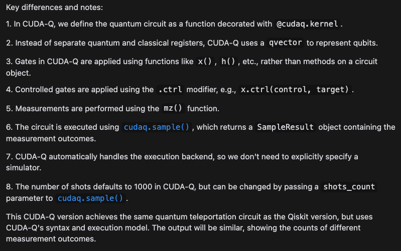 An image of Cursor explaining the difference between CUDA-Q and Qiskit code that it has ported