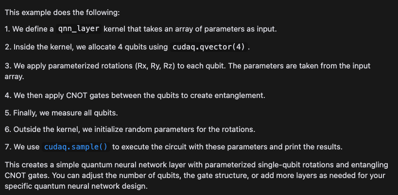 Screenshot of Cursor’s explanation for the generated quantum neural network layer