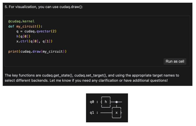 An image of Cursor generating an example of how to display quantum circuits (above) with the corresponding output (below).