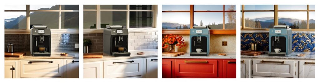 Four photos of an espresso machine in different kitchens, including different window views.