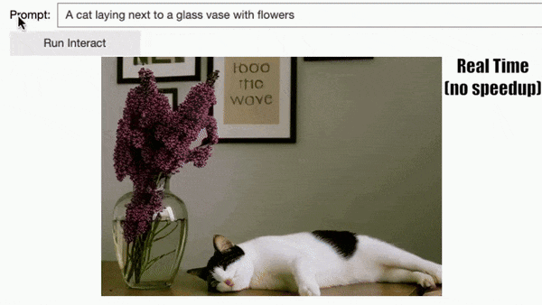 GIF shows real-time editing of several images. Given a photo of a cat sitting next to a glass vase with flowers, a text prompt is used to transform the cat into a fish while preserving the background. All edits involve two processes, inversion and generation, both being fast to make the full process interactive.