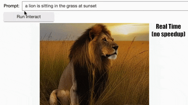 GIF shows real-time editing of several images. Given a photo of a lion sitting in the grass, a text prompt is used to transform the lion into a raccoon while preserving the background. All edits involve two processes, inversion and generation, both being fast to make the full process interactive.