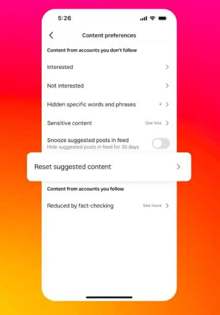 Instagram reset recommendations