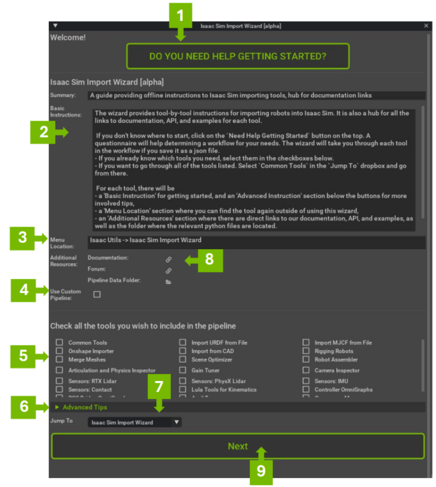 Screenshot of the import wizard panel in Isaac Sim, with key steps numbered to import the correct asset.