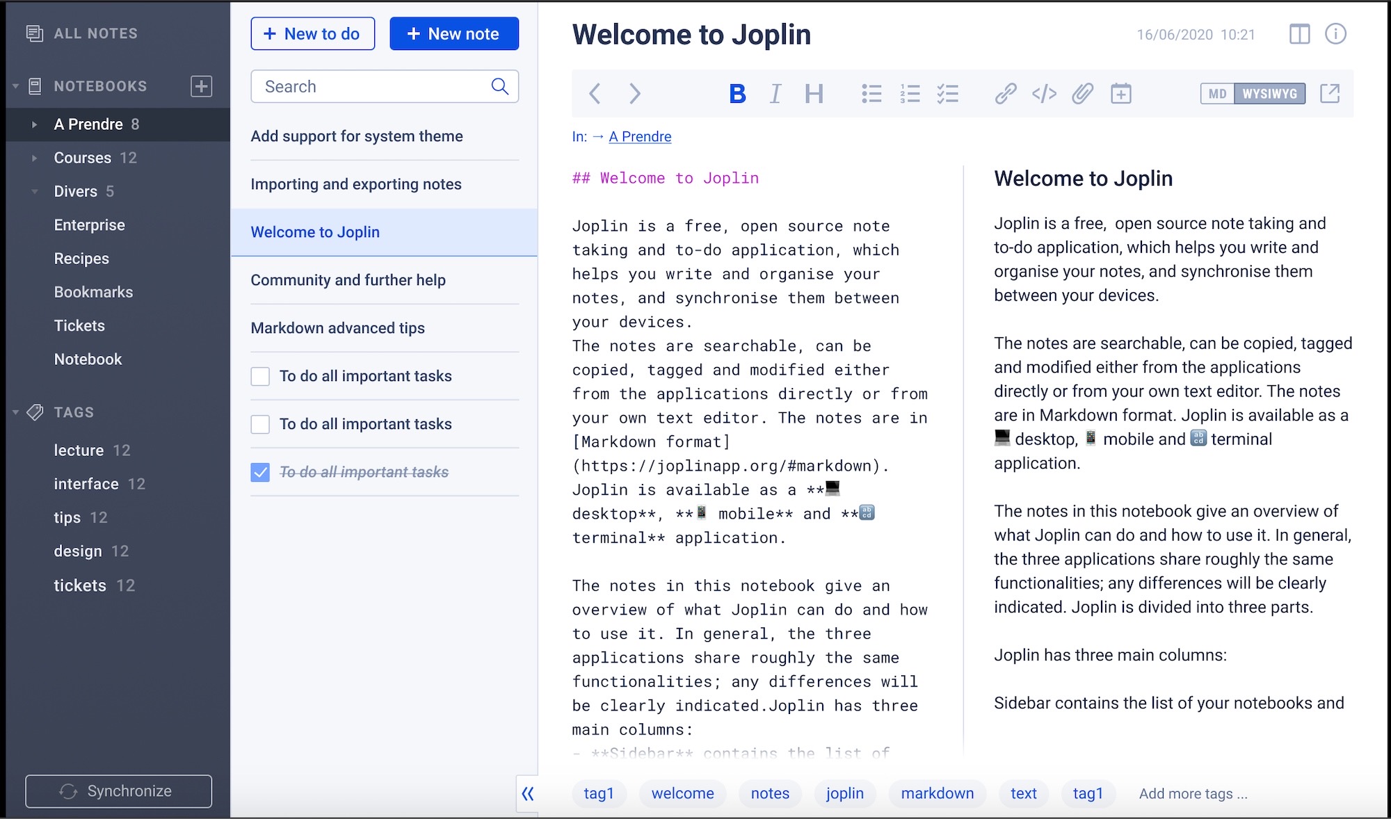 a screenshot of Joplin, a note taking app that syncs your notes and scribbles across devices