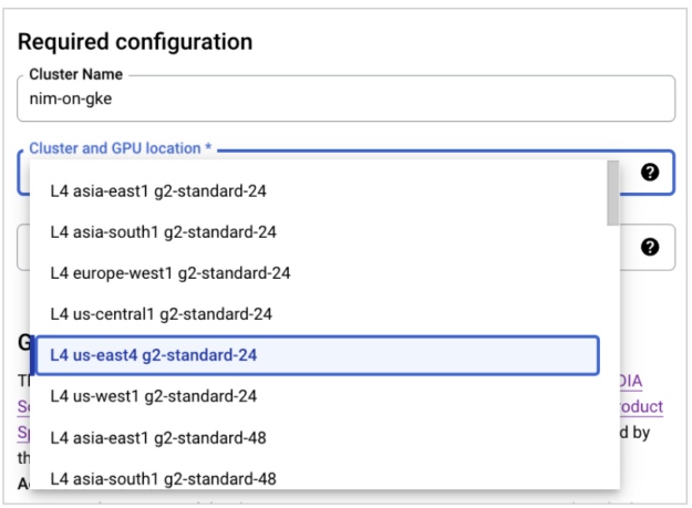 Screenshot of drop-down menu with NVIDIA GPU instance and region selected/highlighted.