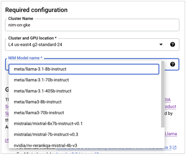 Drop-down menu to select the correct NIM model name.