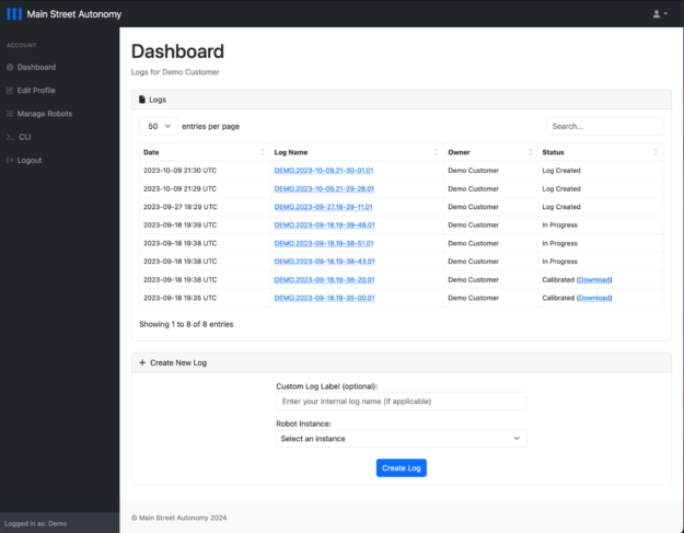 Screenshot of MSA dashboard showing log list.