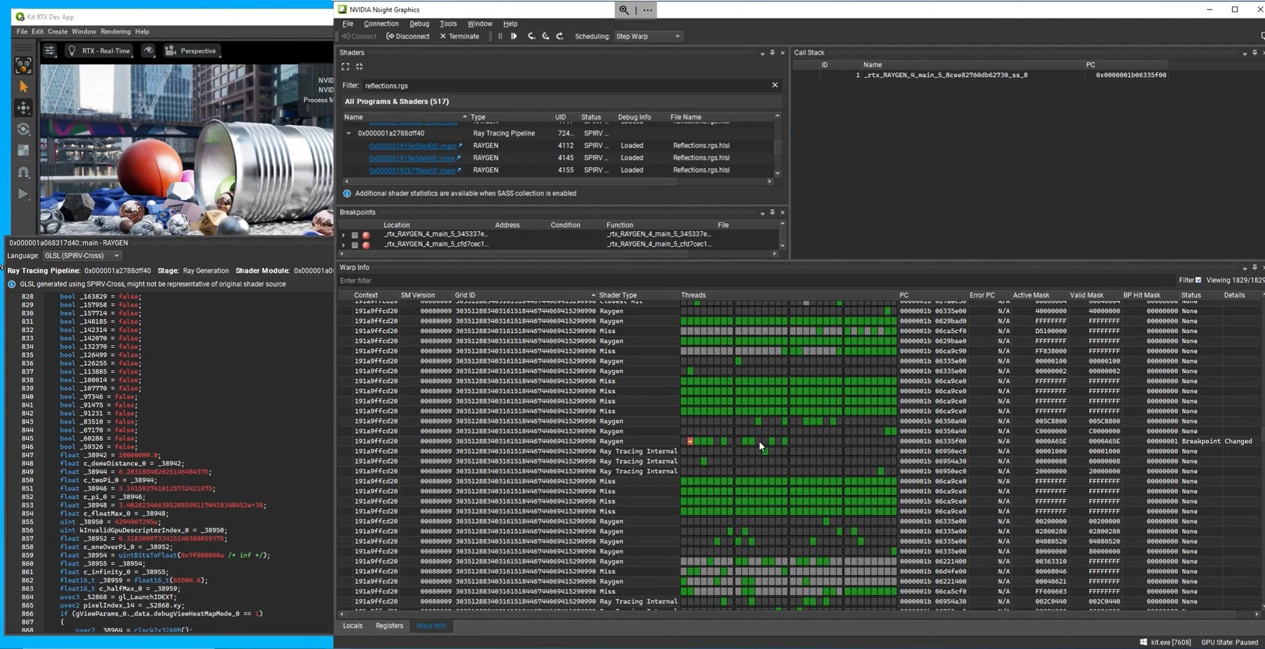 Debugging shaders for an Omniverse ray traced sample application using NVIDIA Nsight.