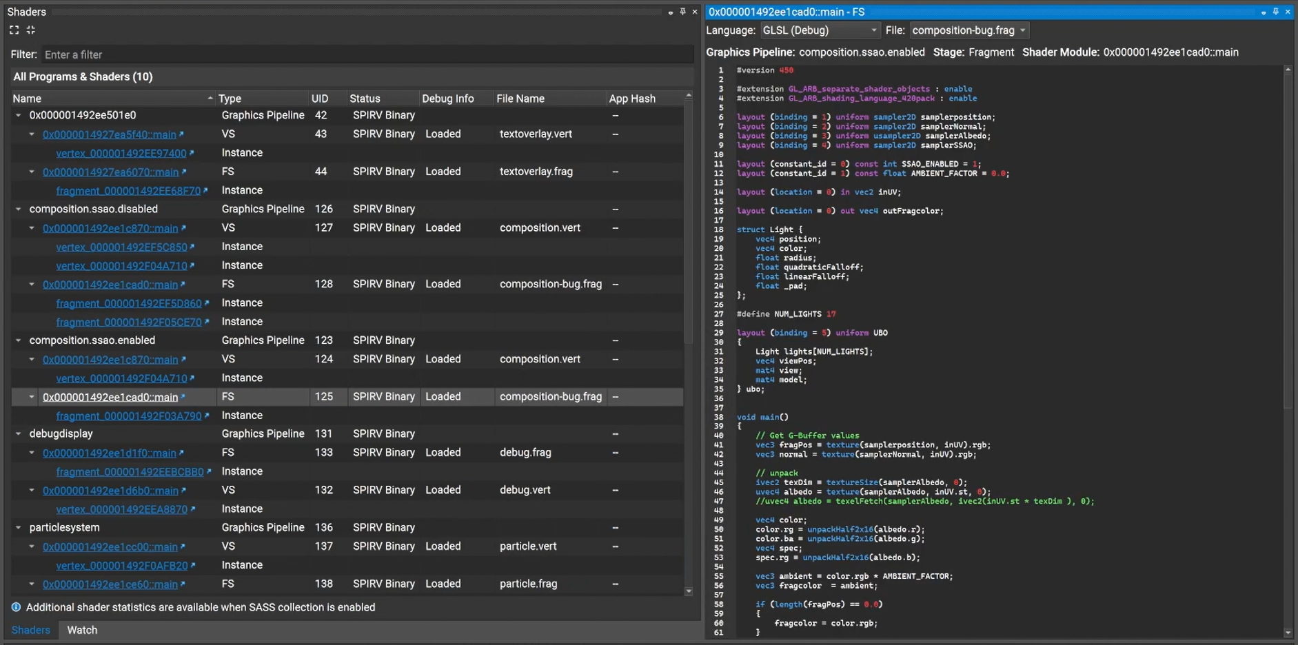 A screenshot of the Shader Debugger being used to inspect the shader source code of a shader with Space Ambient Occlusion (SSAO).