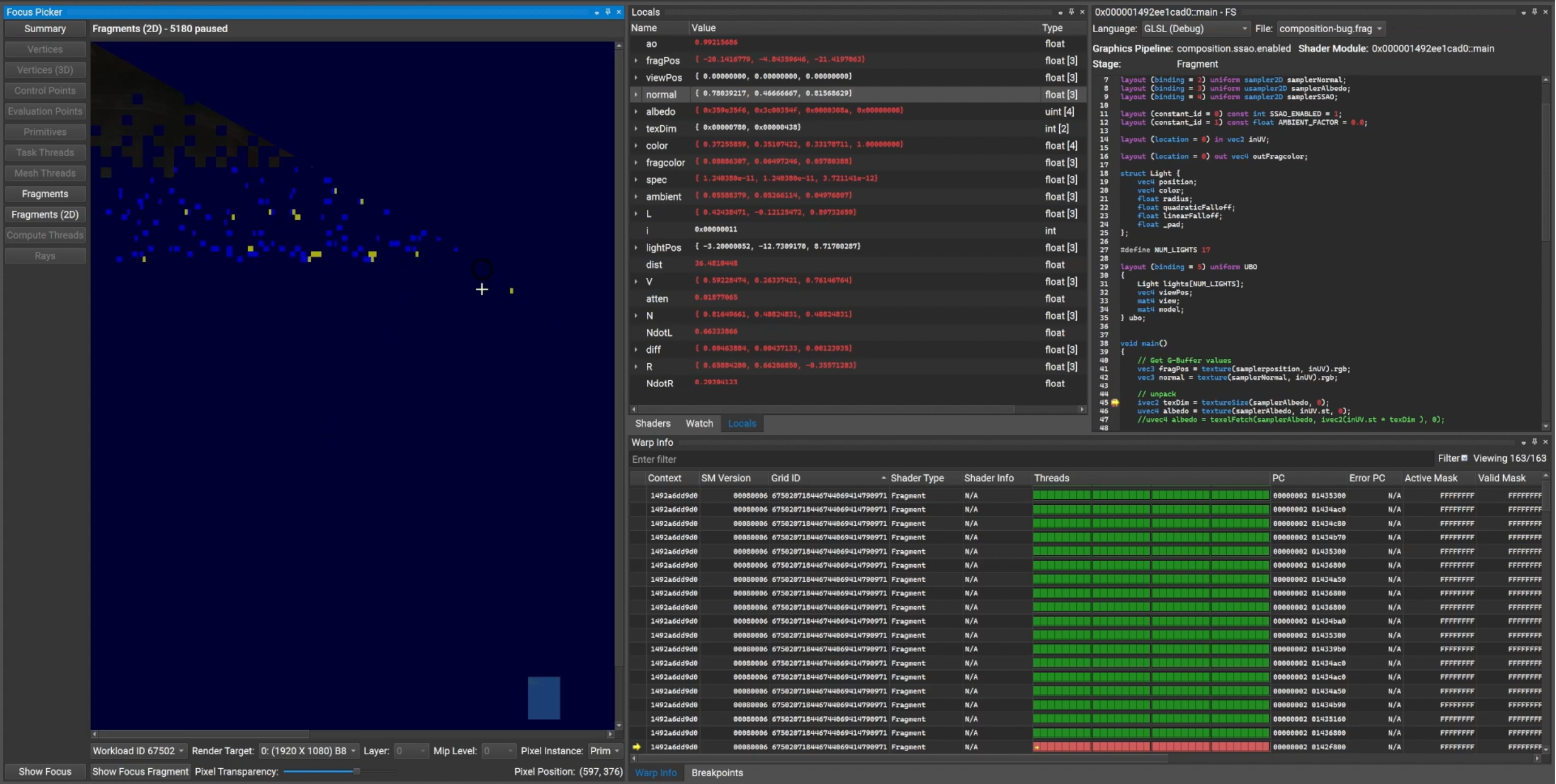 Screenshot of the Shader Debugger, with the Focus Picker, Warp View, Source View, and Locals View all on screen. The user is inspecting data corresponding to a specific fragment being rendered.