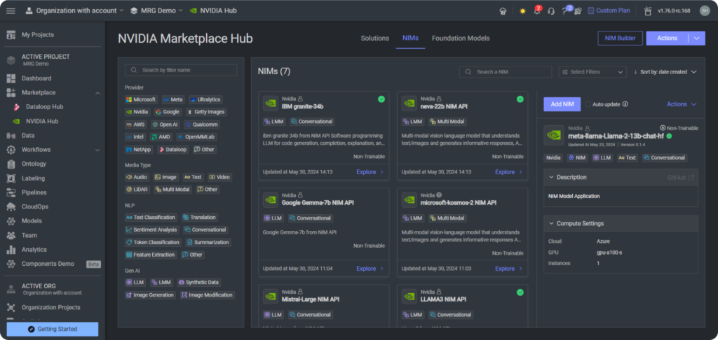 Screenshot shows the various support NIM nodes.