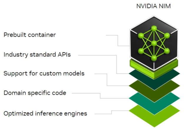 Diagram shows separate layers for container, APIs, custom model support, and optimized inference engines.