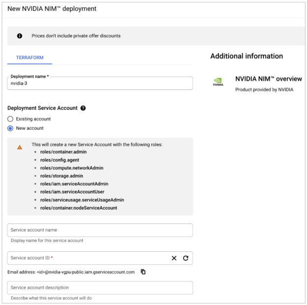Screenshot of the new NVIDIA NIM deployment page showing deployment name, service account name and ID, and other details.