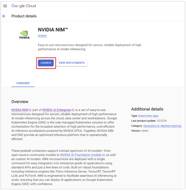 Screenshot of the NVIDIA NIM marketplace listing on Google Kubernetes Engine (GKE) in the Google Cloud console.