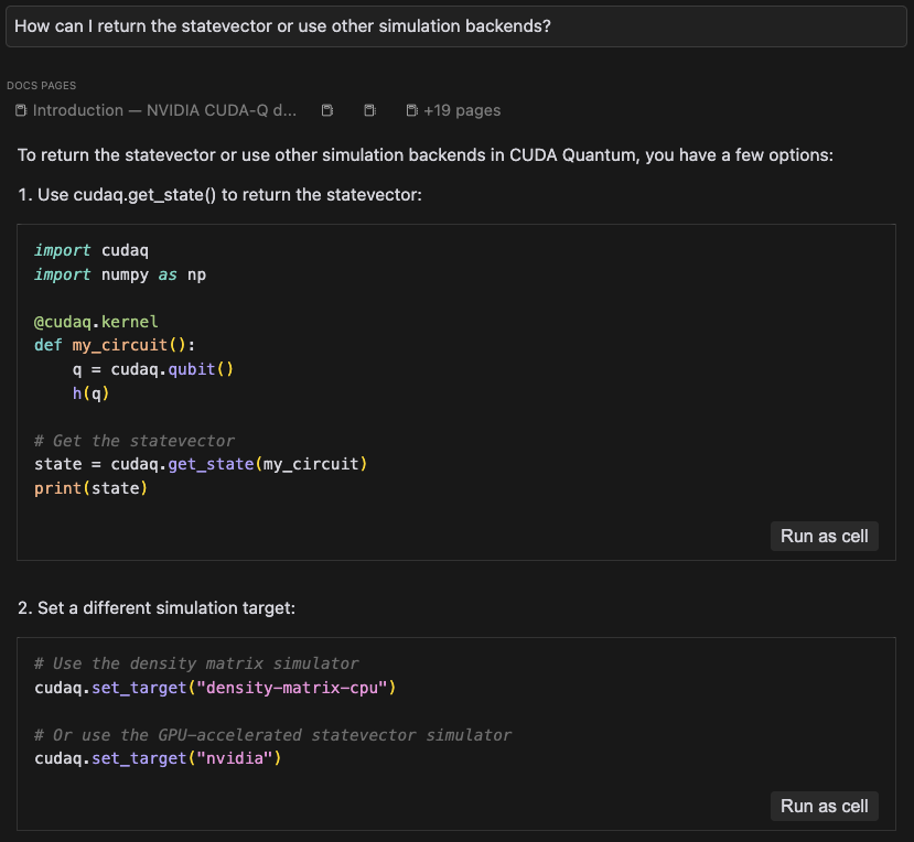 Screenshot of querying Cursor’s chat on how to use other CUDA-Q backends
