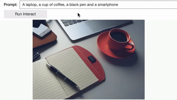 GIF shows real-time editing of various images. One part features a photo of a desk with a laptop, a cup of coffee near a black pen, and a smartphone. The coffee is first transformed into a glass of milk, then the pen changes to yellow. Next, the phone becomes a metal box. The photo's lighting is then altered to show a night scene, followed by a daytime scene.