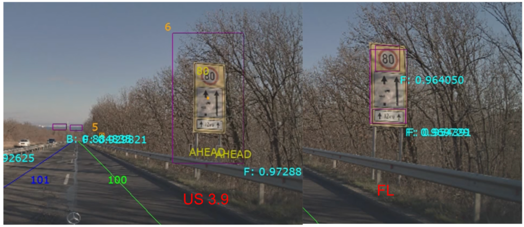 A screenshot compares the road sign detection capabilities of the US local model and the FL global model in predicting speed signs.