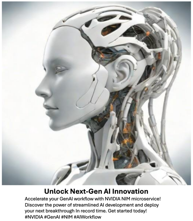 An image of a robot head and shoulders with a social media post entitled ‘Unlock Next-Gen AI Innovation.'