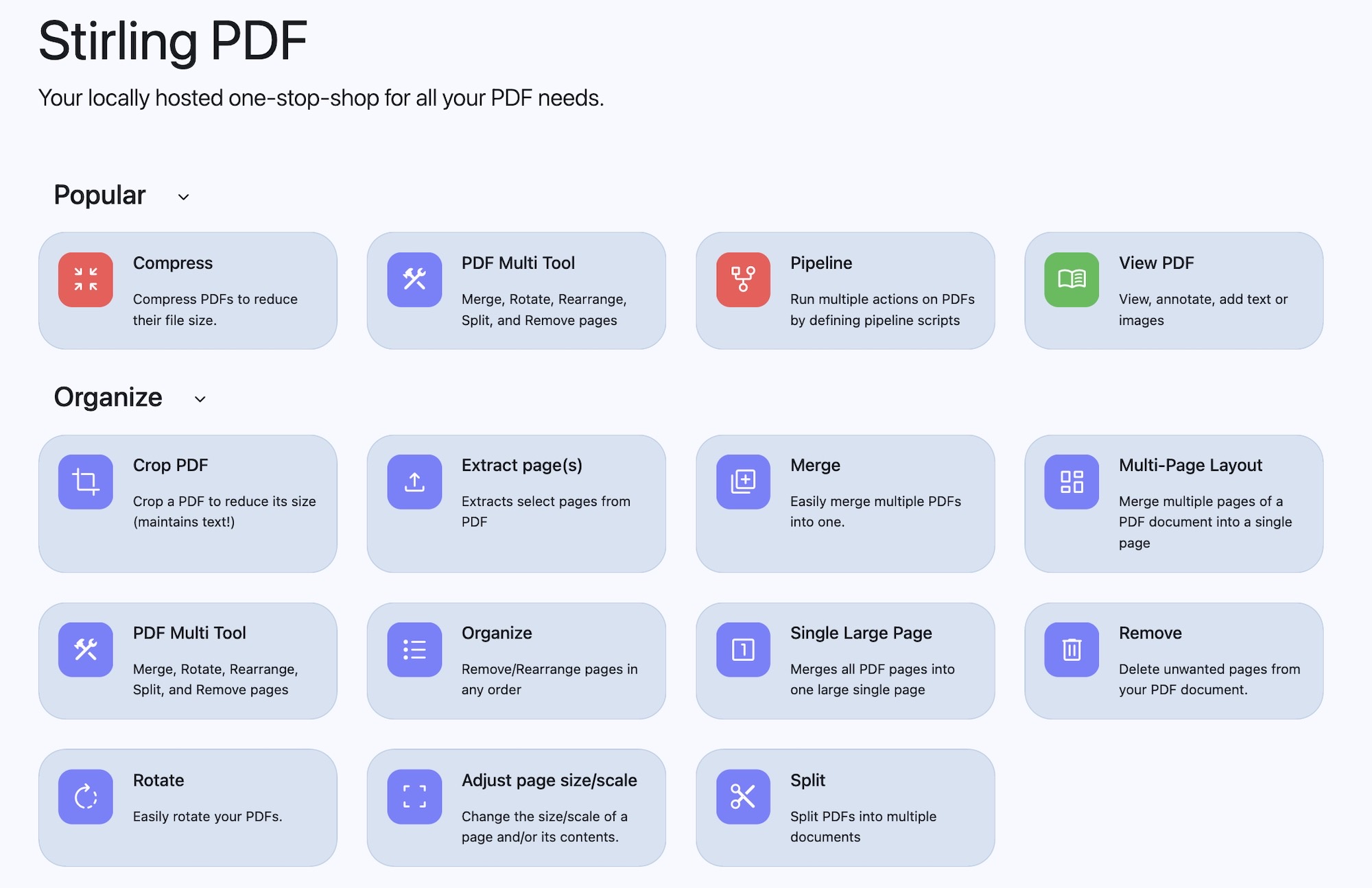 a screenshot showing a selection of tiles in StirlingPDF, a self-hosted PDF editor