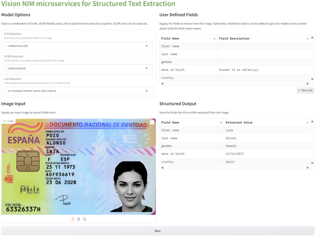 Screenshots of the microservice extracting text from a photo ID. The screenshots include specifying the model options for VLM, OCDR, and LLM, plus the user-defined fields and the structured output, filled out with the information from the actual ID.