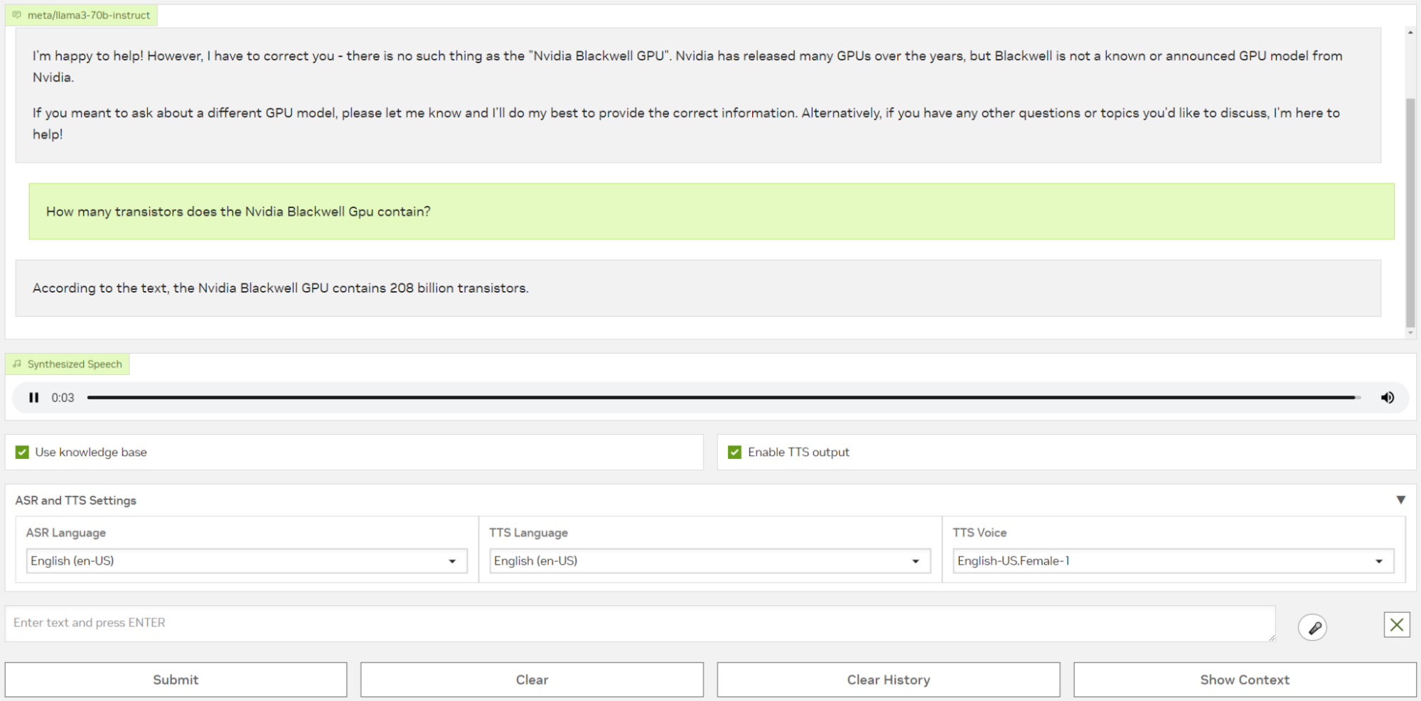 Screenshot showing the testing of the speech NIM and RAG pipeline using an active knowledge base.