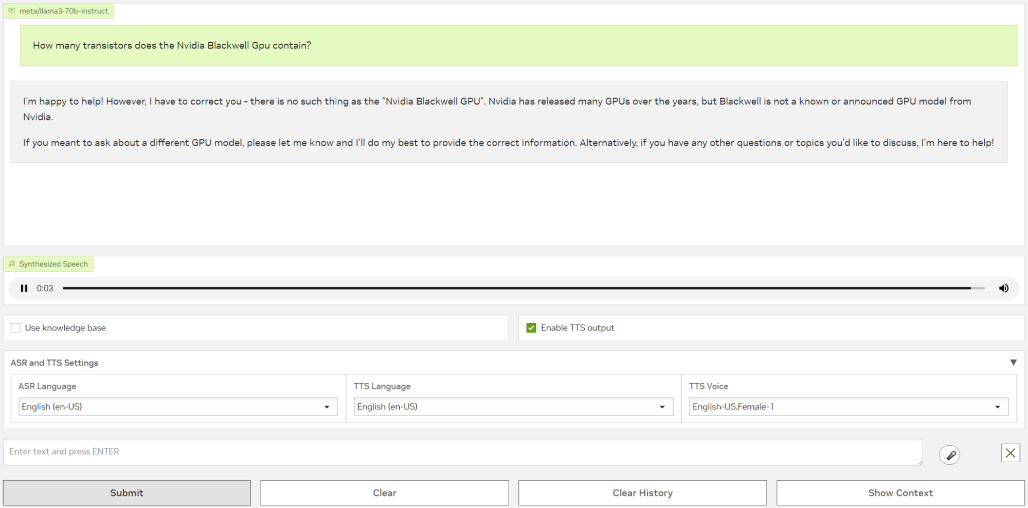 Screenshot showing the testing of the speech NIM and RAG pipeline without an knowledge base.