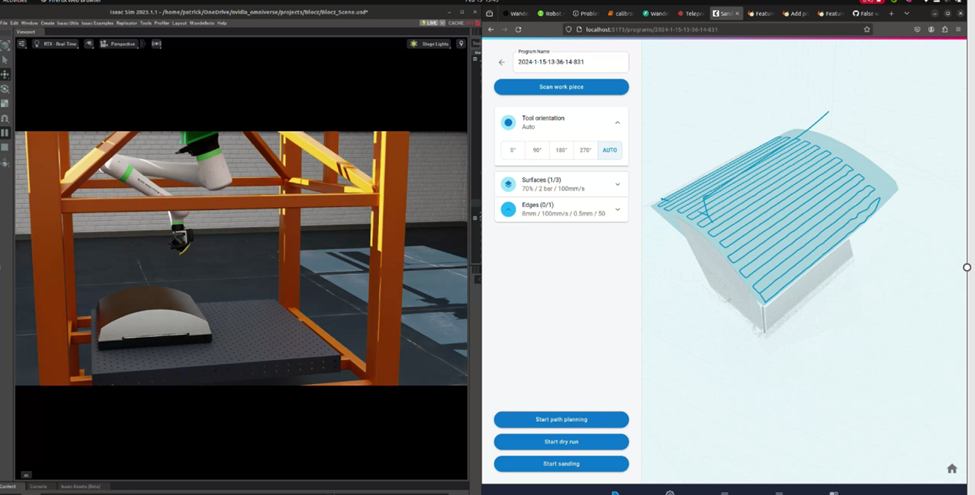 Two pictures, with one showing a robotic app built on Wandelbots NOVA human machine interface and the robot cell simulation setup pictured on the left.