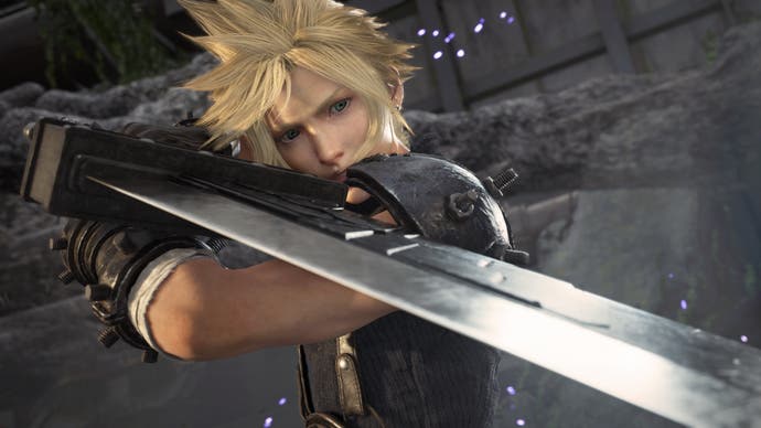 Final Fantasy 7 Rebirth PC screenshot showing close up of Cloud holding a sword