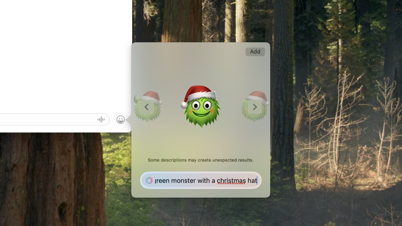 Green monster emoji wearing a Santa hat with a forest background and text stating 'green monster with a christmas hat.'