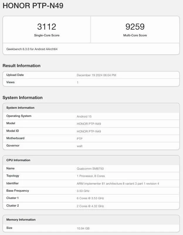 HONOR Magic7 Pro Geekbench image 1