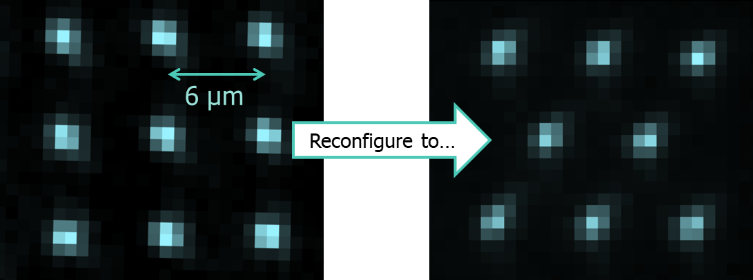 Side-by-side images of Infleqtion Sqale QPU featuring neutral atom qubits with an arrow between them labeled ‘Reconfigure to…’