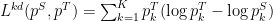 L^{kd} (p^S, p^T) = sum_{k=1}^K p_k^T(log p_k^T - log p_k^S)