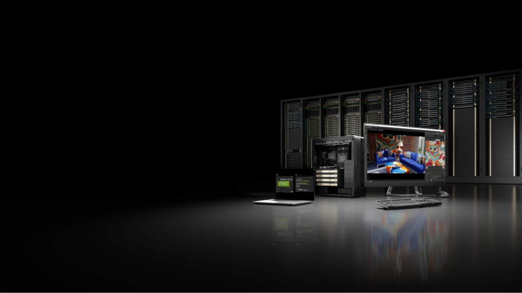 NVIDIA AI Workstation visual featuring a sleek desktop workstation, an open tower computer with GPUs, a laptop, and a large monitor displaying a 3D-rendered living room scene. The workstation and laptop are set against a backdrop of robust data center server racks.