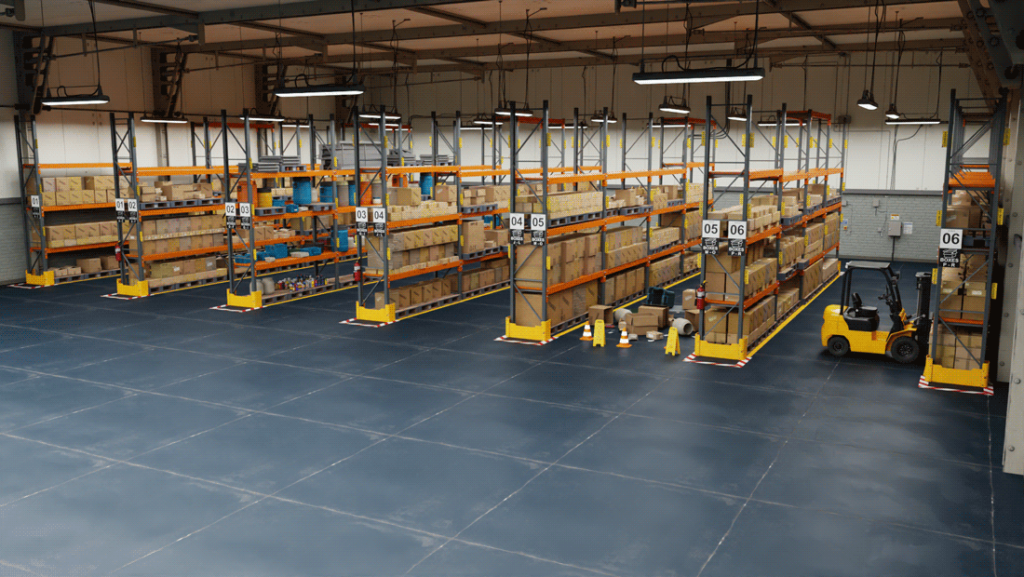 A picture shows a sample warehouse Omniverse environment with warehouse floor, aisles, boxes, and forklift.