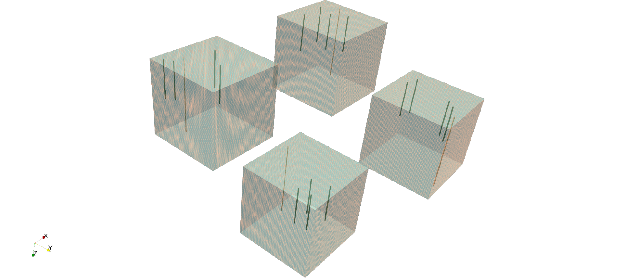 3D visualization showing random samples of validation data with different well placement scenarios in a reservoir. The reservoir is characterized by high heterogeneity and extreme variations in permeability. Each cube represents a distinct well placement configuration.