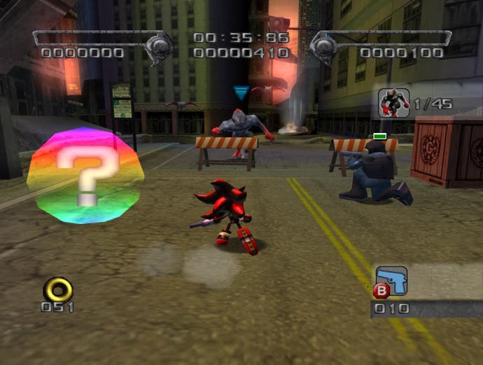 Shadow the Hedgehog runs through Westopolis in Shadow the Hedgehog (2005).