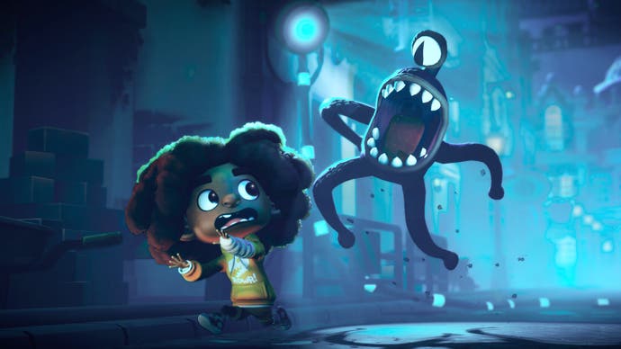 A Stage Fright screenshot showing a young character being chased down a gloomy corridor by a cartoony monster with single eye on top of its toothy head.