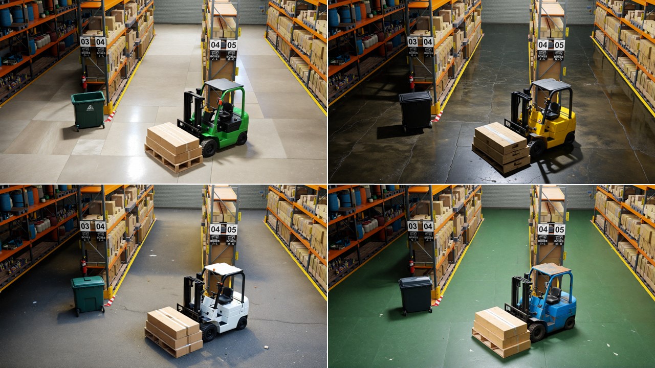 Four synthetically generated images, each with a different floor and different color of forklift (green, blue, yellow, white).