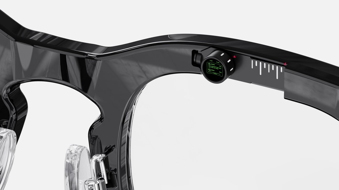 High-tech black-framed eyewear with a small digital display on the lens temple, showing green illuminated text, surrounded by clear lens components.