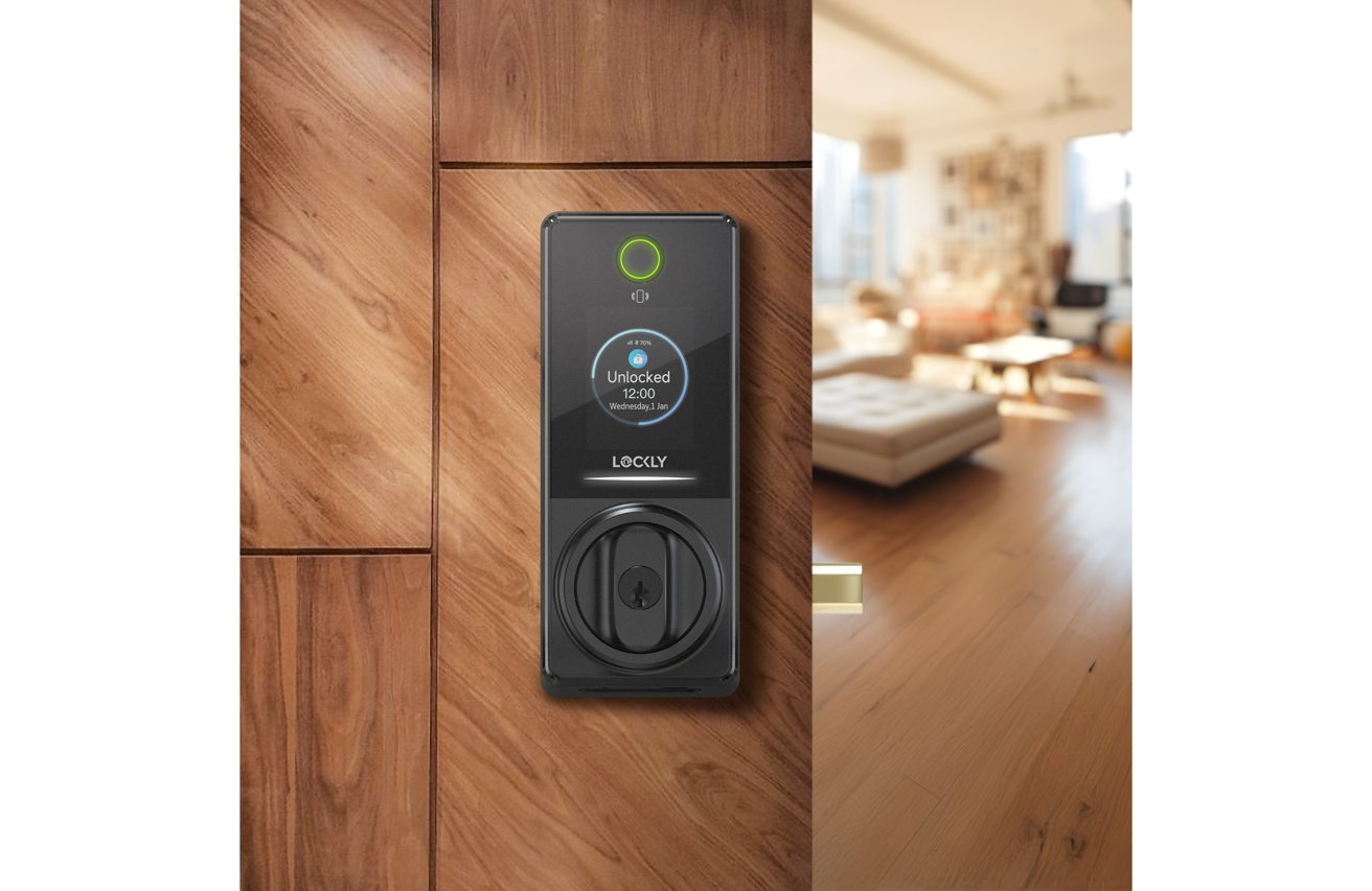 Smart lock on a wooden door with digital display showing 'Unlocked.' Modern living room visible in the background.