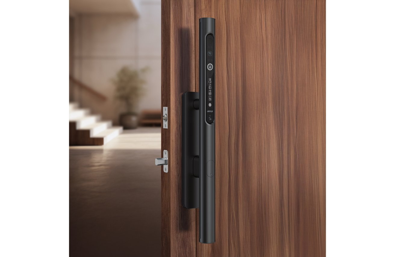 A wooden door with a modern black vertical touchscreen lock, slightly open, revealing a blurred interior with stairs and a plant.